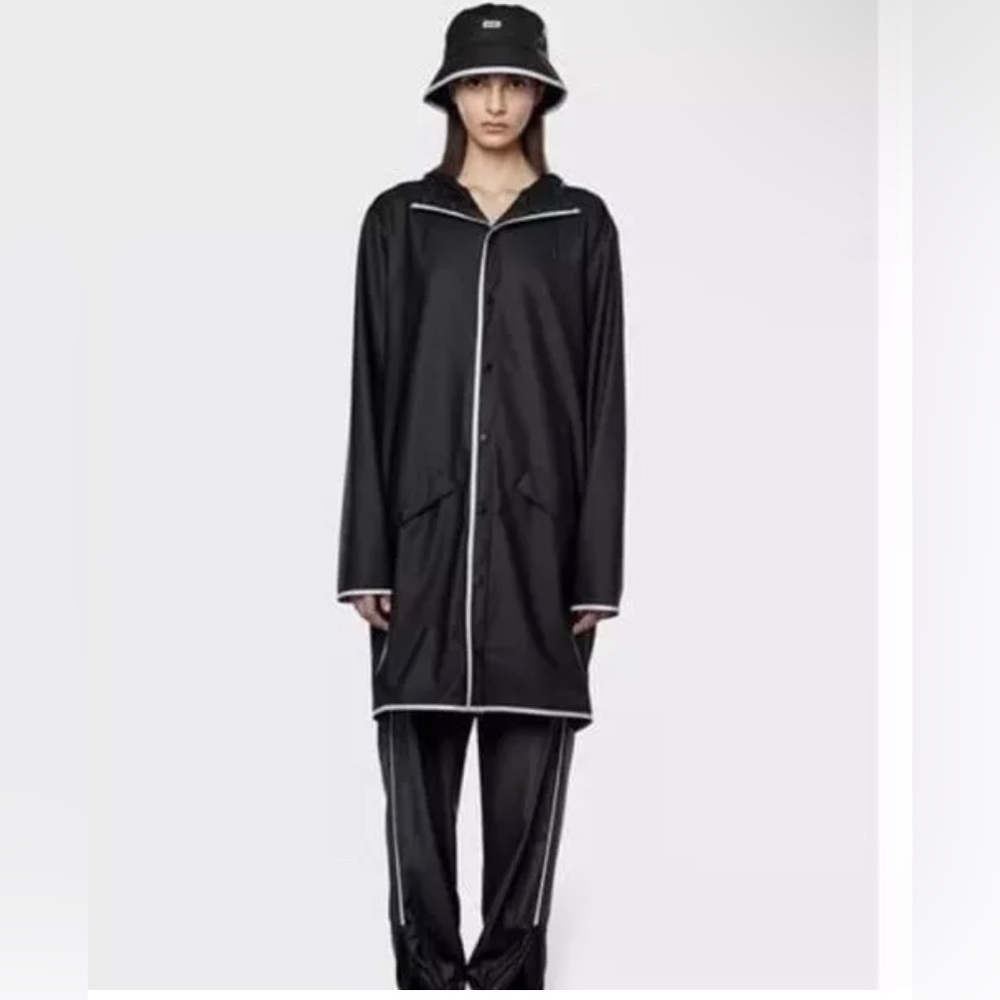 NWT Rains Long Raincoat Jacket Black Reflective With Hood Sz XS Unisex